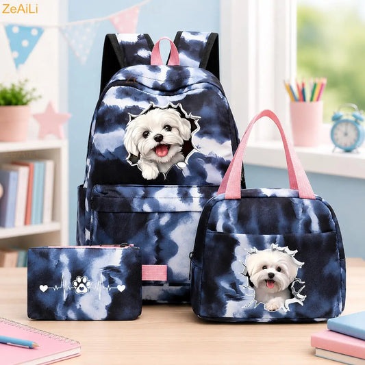 3pcs White Puppy Maltese Dog Colorful Backpack with Lunch Bag for Women Student Teenagers Rucksack Casual School Bags Sets