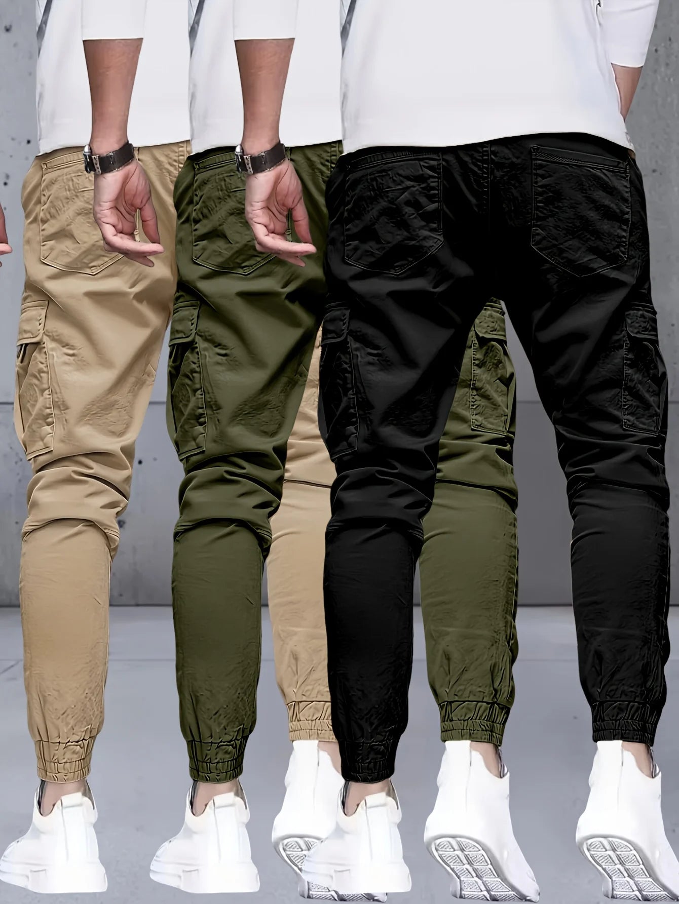 3 pieces of long pants for men, regular fashion pants and sports pants, pocket elastic waistband and ankle pants, work pants