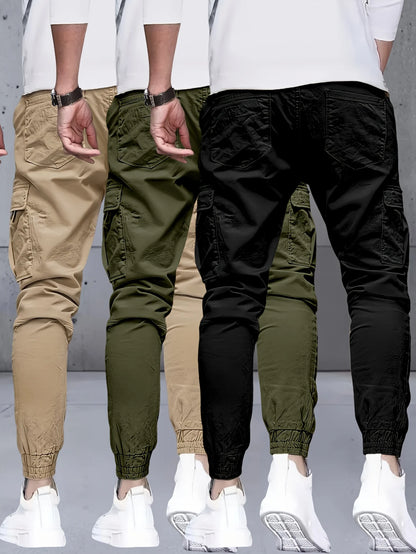 3 pieces of long pants for men, regular fashion pants and sports pants, pocket elastic waistband and ankle pants, work pants