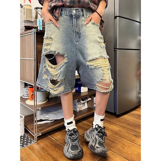 YIBASHU Summer Women Abi American Ripped Jeans Shorts Kpop 2000s Aesthetic Baddie Style  Denim Pants Grunge