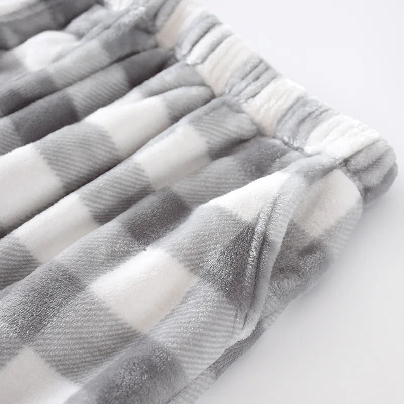 Autumn and Winter Super Warm Thickening Flannel Men's Plaid Pants Black Grey Colors Matching Men Pajamas Trousers