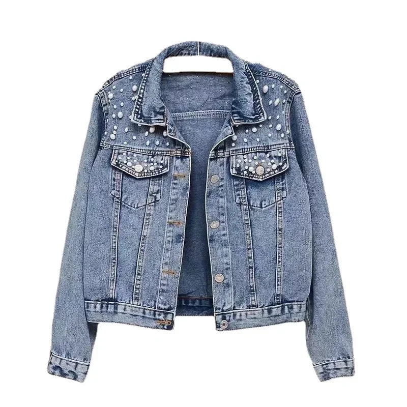 Blue Black Denim Jacket Woman Denim Coat Turn Down Collar Single Breasted Beaded Pearl Loose Casual Regular Short Jacket
