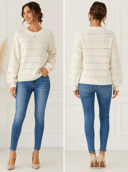 Women Colorful Confetti Dot Knit Sweater, Crew Neck Drop Shoulder Long Balloon Sleeve Loose Casual Pullover Sweater for Fall Winter Daily Streetwear