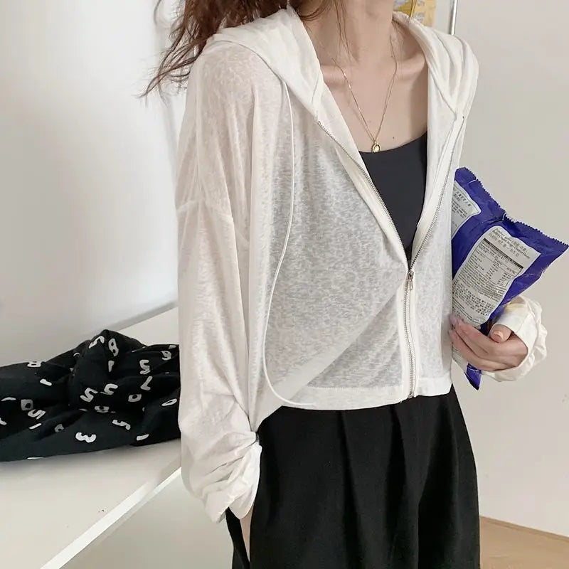 Rimocy Solid Color Thin Hooded Cardigan Women 2024 Summer Zipper Up Crop Tops Woman All Match Long Sleeve Cropped Jacket Ladies