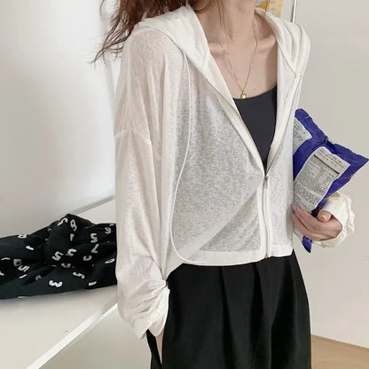 Rimocy Solid Color Thin Hooded Cardigan Women 2024 Summer Zipper Up Crop Tops Woman All Match Long Sleeve Cropped Jacket Ladies