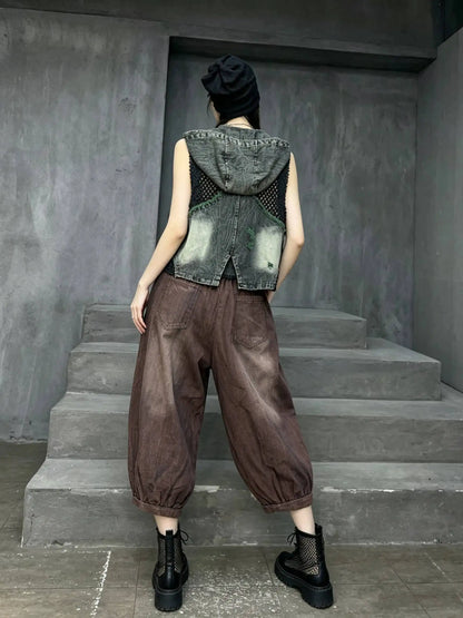 Trendy Cool Thin Denim Jeans Patchwork Mesh Wide-leg Pants Women Summer Loose Fashion Pant LX5815