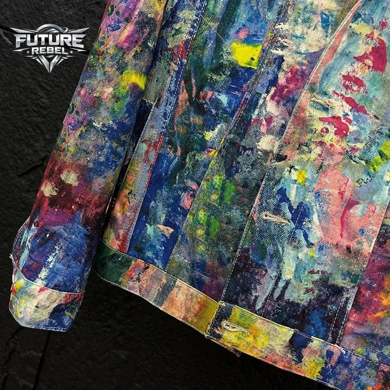 Y2K Graffiti Painting Printed Denim Jacket Men Streetwear Casual Loose Fashion Hip Hop Colorful Gothic Jacket Harajuku Unisex