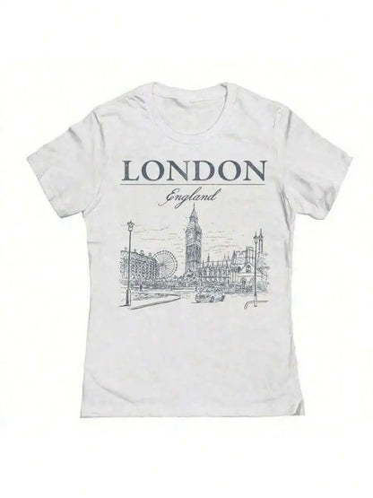 London England Graphic Cotton T-Shirt For Women Retro City Sketch Design