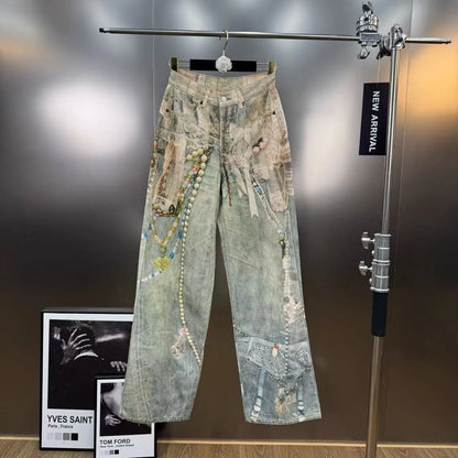 Y2k Jeans Baggy Fashion New Product 3D Printed Lace Pearl Chain Straight Tube Women Pants High Waisted Jeans Pants for Woman
