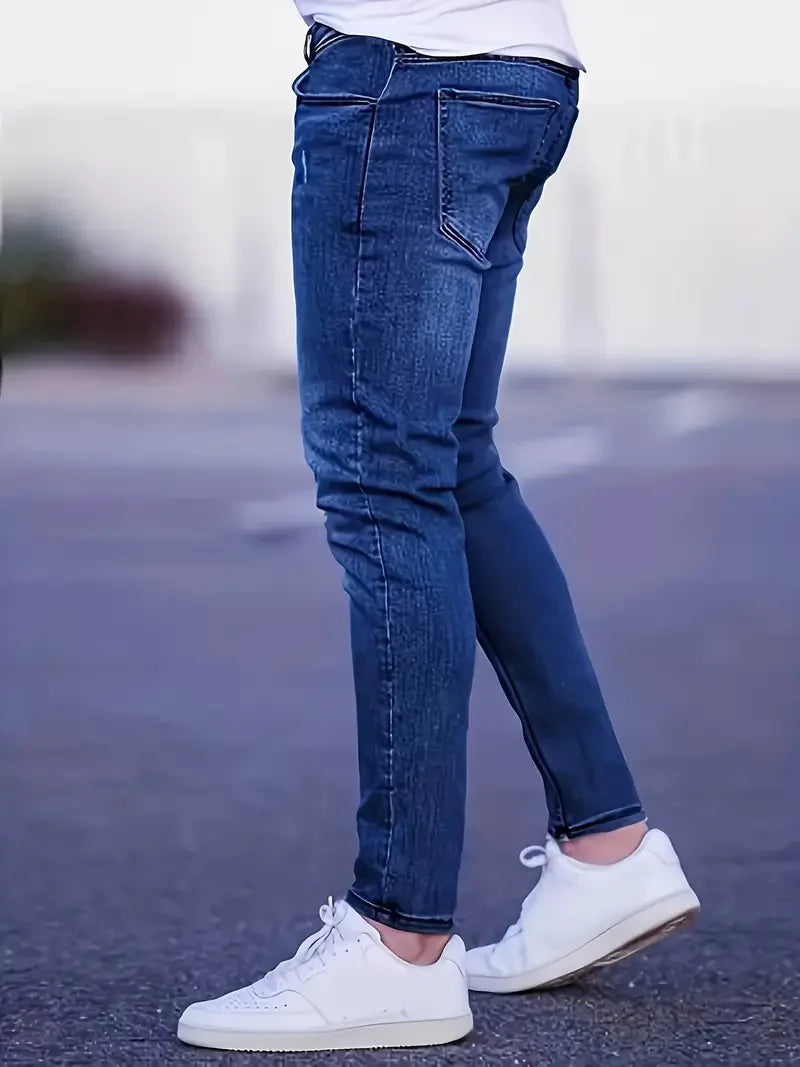 Men's Slim Fit Stretch Denim Jeans with Ripped Detail & Contrast Stitching,