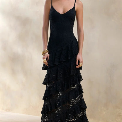 Sexy V Neck Lace Cami Tiered Ruffle Dress Women Slim Fit Maxi Evening Gown Holiday Party Formal Dress