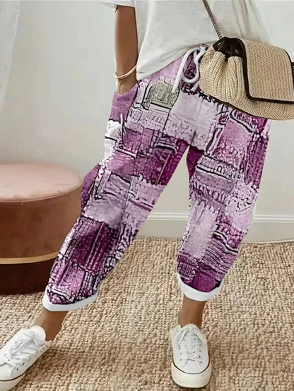Women's Fashion Plus size 1XL-5XL Printed Flower Pants Ladies Casual Comfortable Loose Pocket Pants Casual Mid-waist Haren Pants