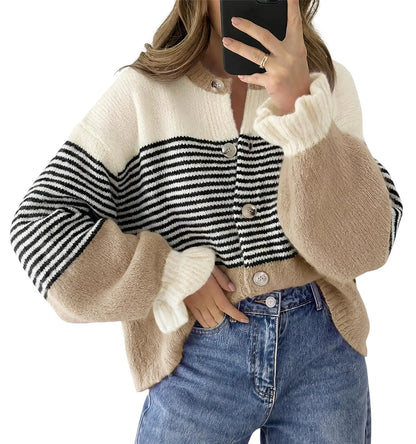 Womens Fall Striped Loose Cardigan Sweaters Ruffle Sleeve Button Up Color Block Sweater Coats