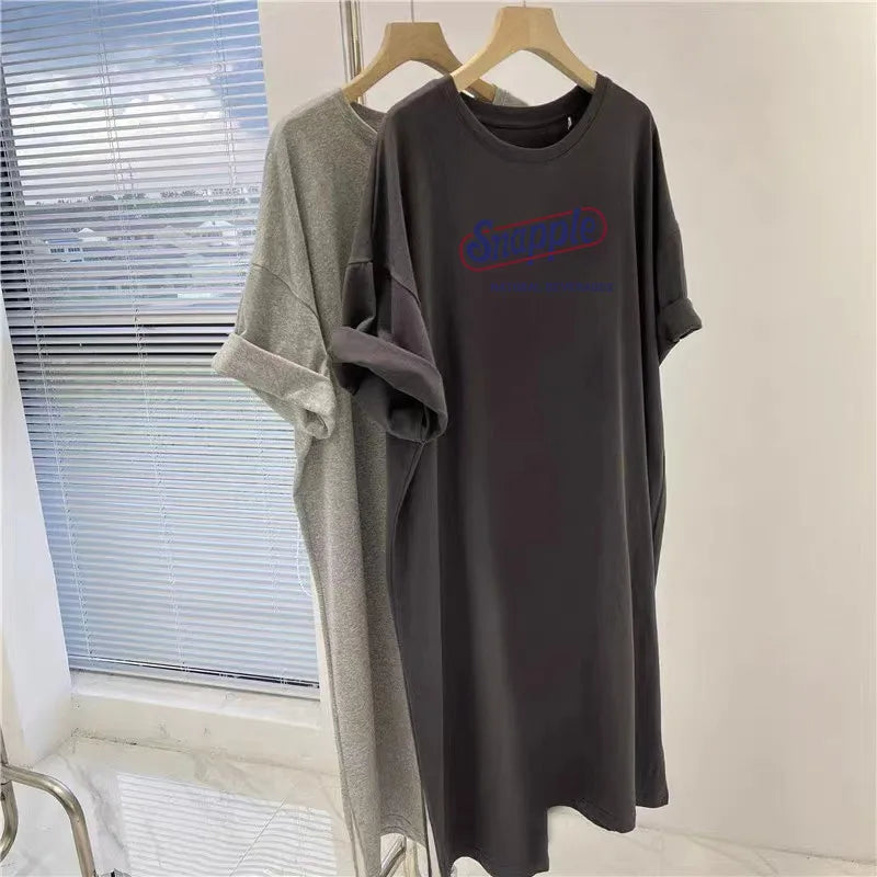 American Retro Letter Printed Plus Size Loose Short Sleeved Dress for Women