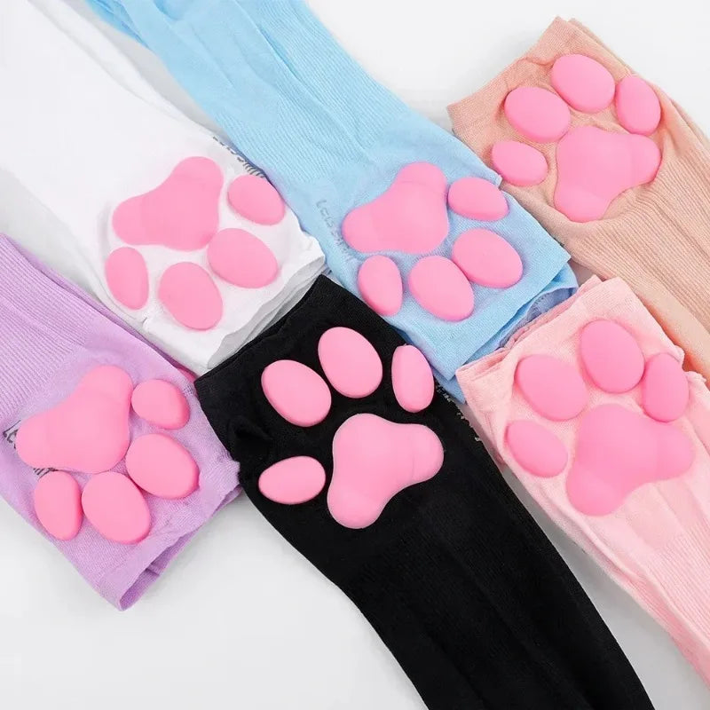 2026 Cute 3D Silicone Pink Cat Claw Paw Pads Soft Fingerless Fluffy Sun Protection Cool Sleeves Cute Gloves Long Tube for Women
