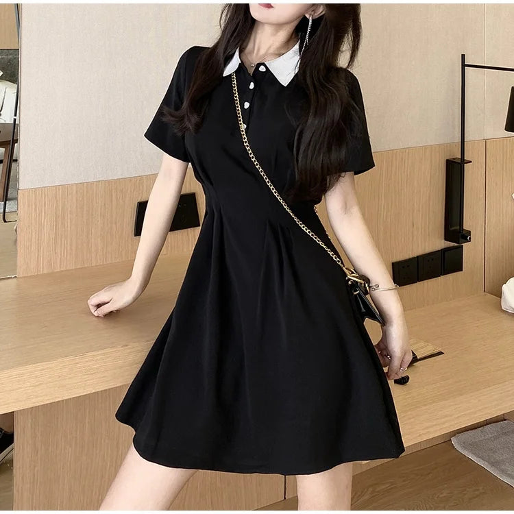 Women's Contrast Collar Polo Dress Summer Short Sleeve Button Front A Line Casual Mini Dress