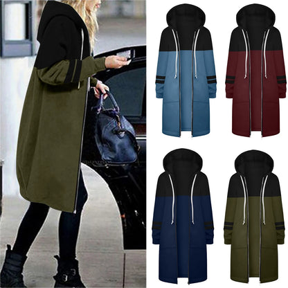 Women's Warm Zipper Long Outwears Solid Color Loose Fit Drawstring Sweatshirt Coat for Women