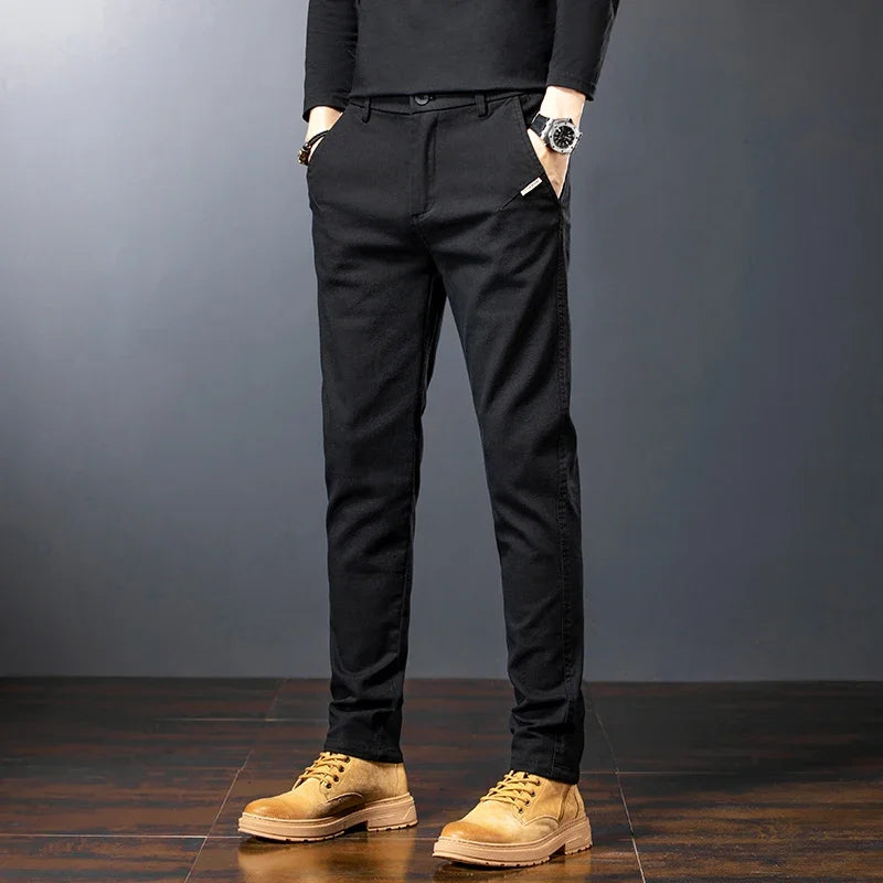 Spring Men's Slim Casual Pants Business Straight Twill Cotton Elastic Trousers Brand Fashion Clothing Coffee Black Gray