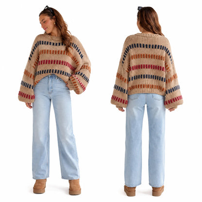 Vibrant Color Block Stripe Chunky Knit Sweater for Women, Oversized Crew Neck Long Balloon Sleeve Loose Pullover Jumper,