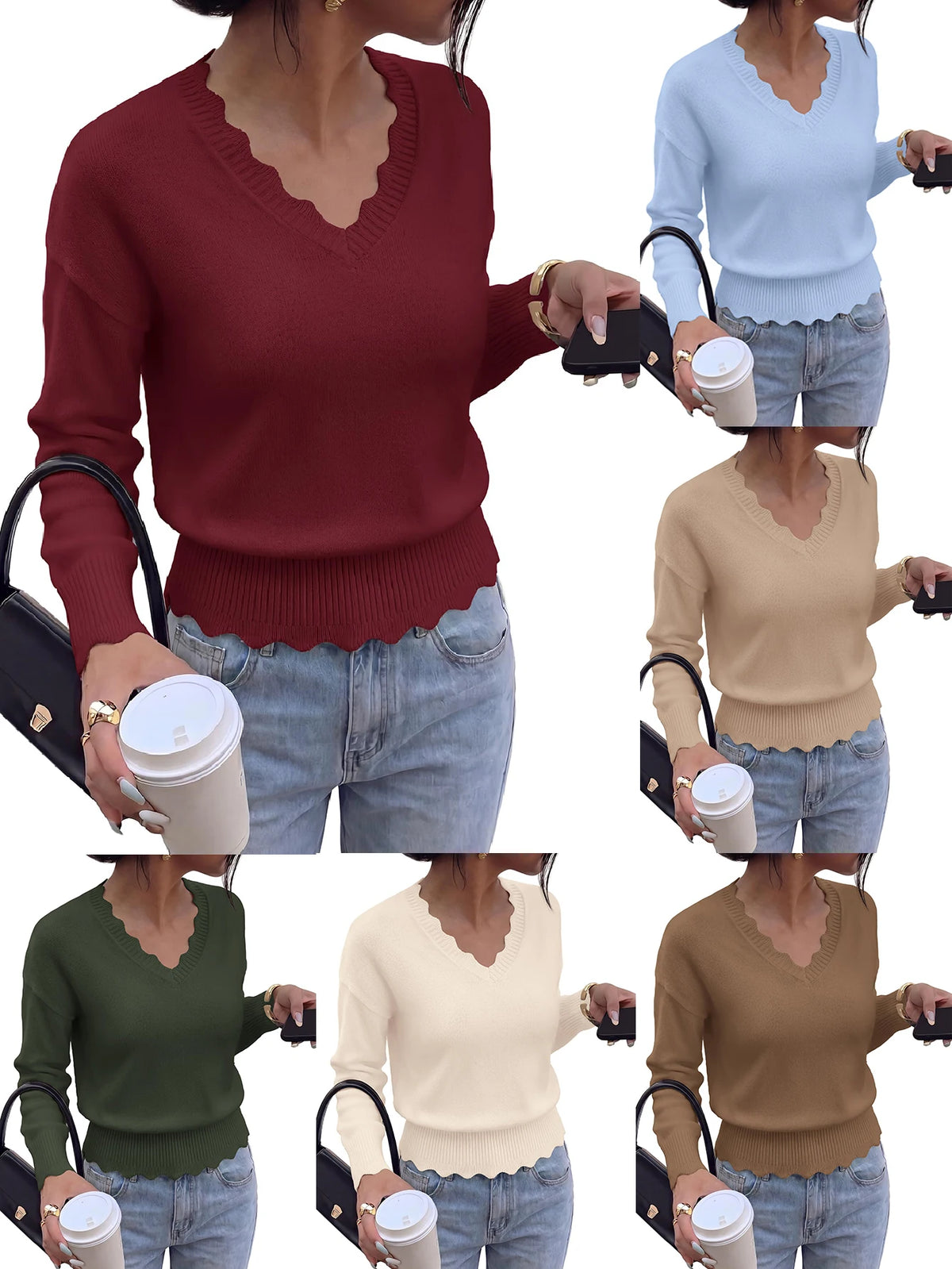 Lightweight Knit Sweaters Top For Women Daily Wear Scallop Edges V Neck Pullover Tops Autumn And Winter Long Sleeved