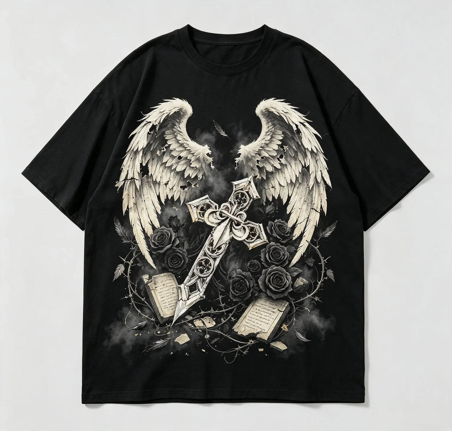 Vintage Gothic Angel Wings Cross Rose Graphic T Shirt Men Women Dark Aesthetic Streetwear Short Sleeve Casual Tee