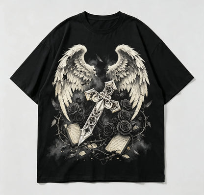 Vintage Gothic Angel Wings Cross Rose Graphic T Shirt Men Women Dark Aesthetic Streetwear Short Sleeve Casual Tee