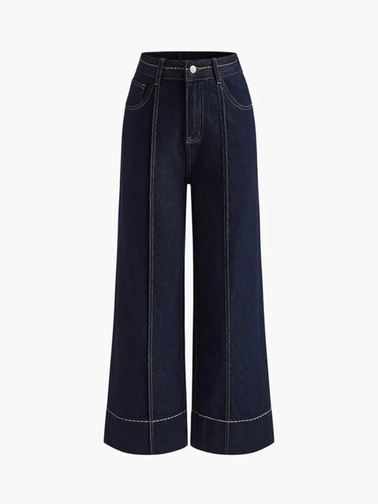 Missuoo 2026 Summer Women's Trendy Wide Leg Jeans Dark Blue High Waist Center Pleated Denim Pants with Contrast Stitching