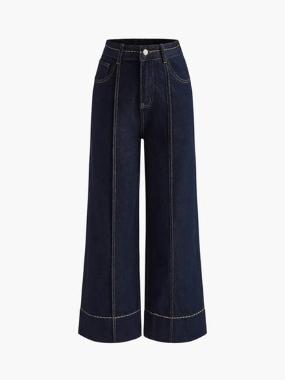 Missuoo 2026 Summer Women's Trendy Wide Leg Jeans Dark Blue High Waist Center Pleated Denim Pants with Contrast Stitching