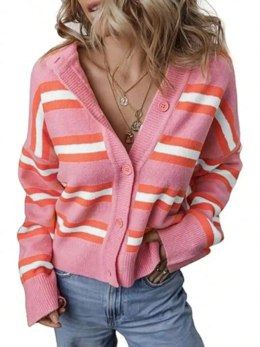 Womens Long Sleeve Cropped Striped Chunky Knit Cardigans Sweaters Long Sleeve Lightweight Open Front Button Tops Outfits