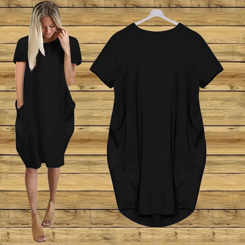 Plus Size Women Short Sleeve O-Neck Loose Casual Dresses Casual Short Sleeve Shirt Mini Dresses Round Neck Pockets Sexy Female T