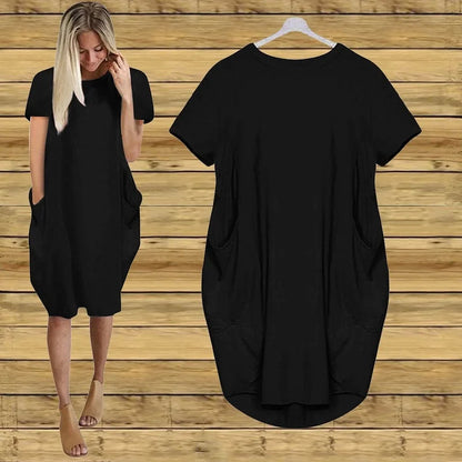 Plus Size Women Short Sleeve O-Neck Loose Casual Dresses Casual Short Sleeve Shirt Mini Dresses Round Neck Pockets Sexy Female T