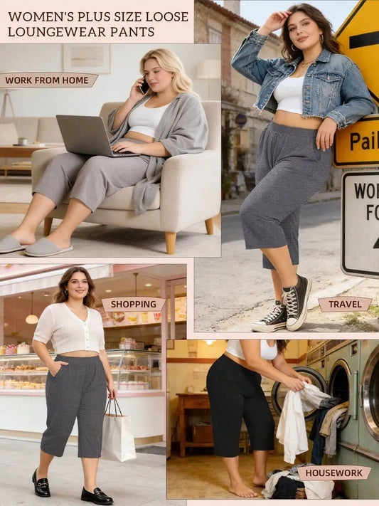 3 Pack Women's Plus Size Capri Sweatpants - Loose Cropped Yoga Lounge Pajama Pants With Pockets For Summer Light Gray + Dark