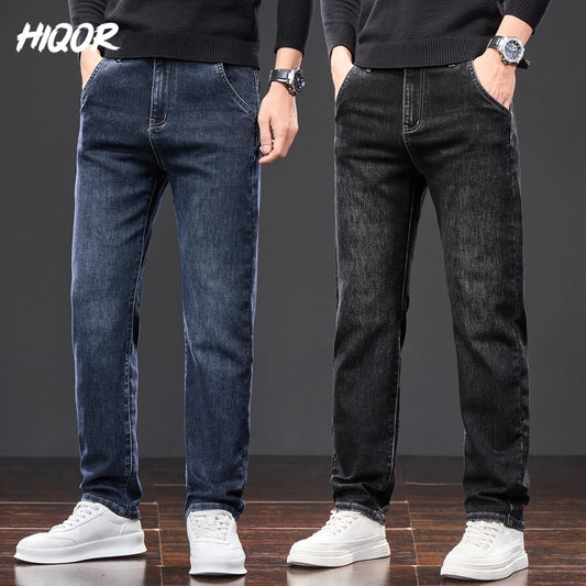 HIQOR New In Korean Men's Casual Long Jeans Classic Man Straight Denim Wide-leg Pants Solid Baggy Trousers Fashion Business Jean