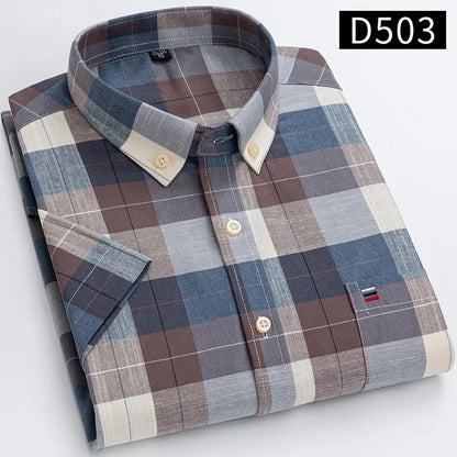 New Men's Social Shirt Short Sleeve 100% Pure Cotton Oxford Soft Buttoned Plaid Formal Male Clothes Pocket Social Shirt S-7XL