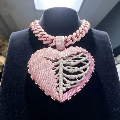 Iced Out Synthesis Zircon Broken Heart Skeleton Pendant, Two Tone Hip Hop Necklace, Men's Bling Gothic Jewelry for Gift Unique