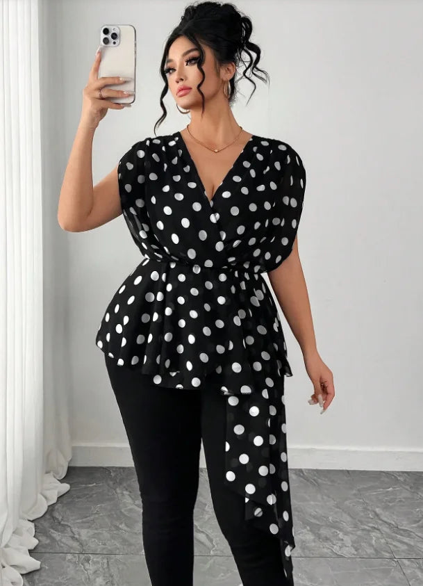 Plus Size Women's Black and White Polka Dot Peplum Shirt Top, Chiffon Sleeveless V-Neck Wrap Irregular Blouse with Drape Ties,