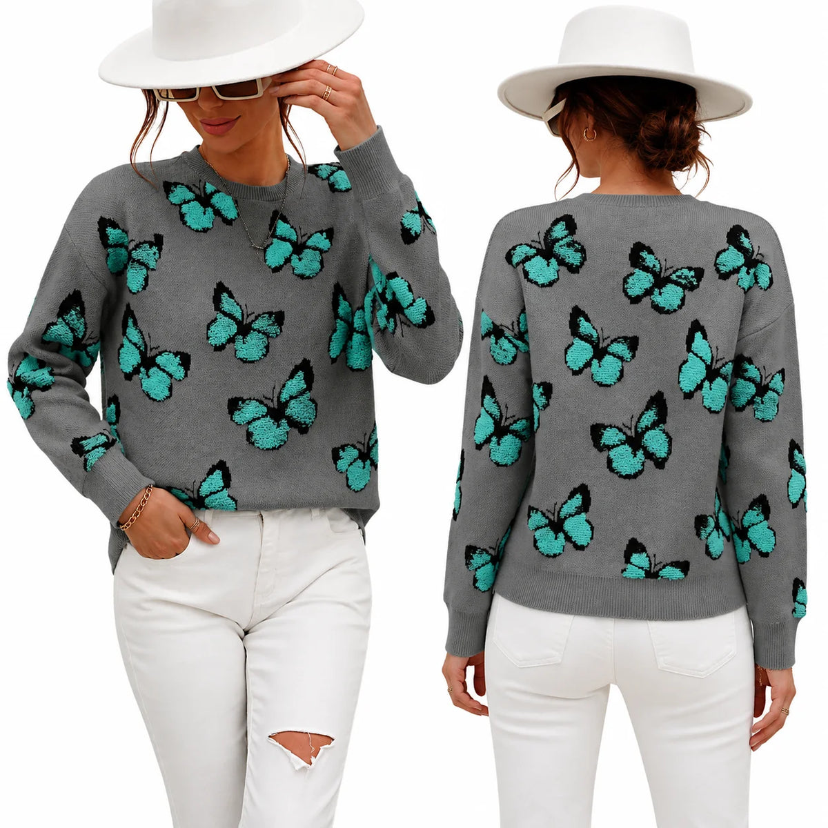 3D Flocking Butterfly Print Knit Sweater for Women Round Neck Drop Shoulder Long Sleeve Loose Pullover Casual Jumper Fall Winter Fashion Streetwear Tops