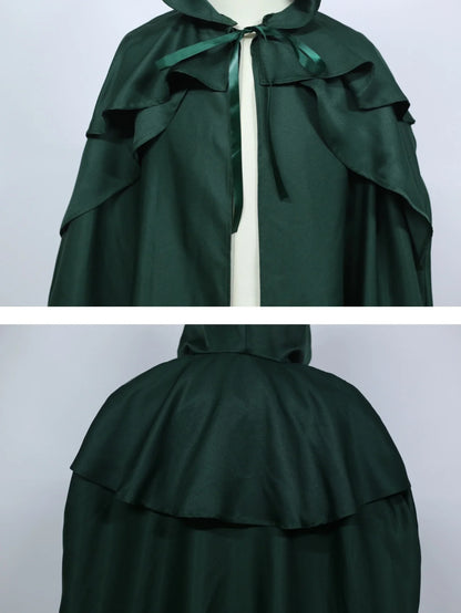 Medieval Vintage Hooded Long Cos Cloak, Dark Green Double Lapel Tie Cape, Unisex Ranger Hunter Wizard Role Play Costume, Retro Gothic Cosplay Coat
