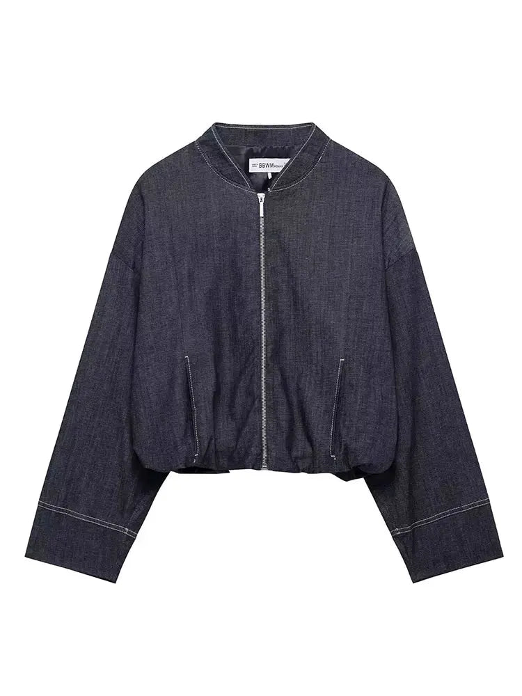 HH New Street Fashion Denim Bomber Jacket For Women Solid Color Stand Collar Zipper With Pocket Balloon Style Causal Coats