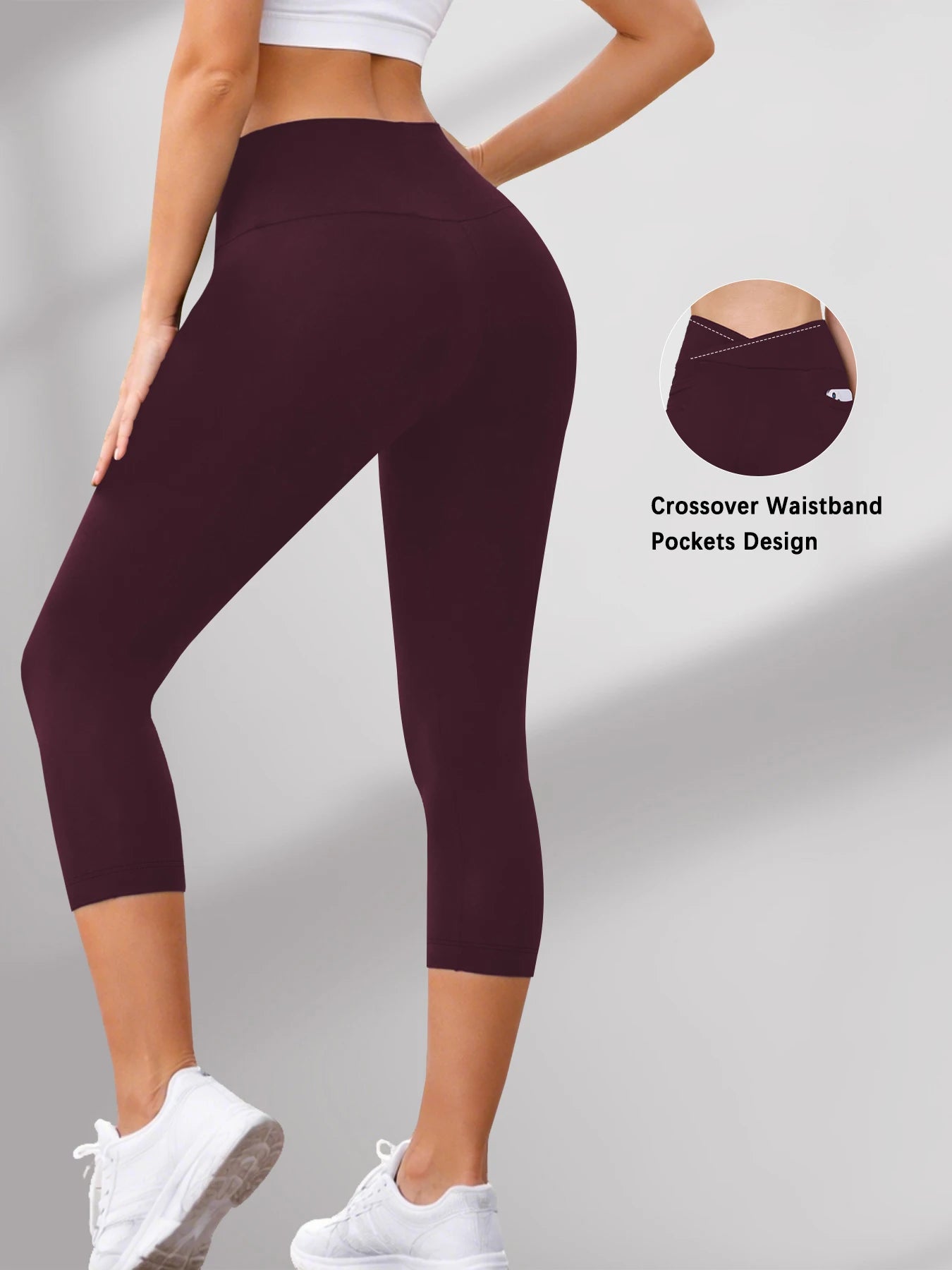 Women's Super Soft Crossover High Waisted Capri Pants With Pockets Tummy Control No See Through Workout Yoga Running Leggings