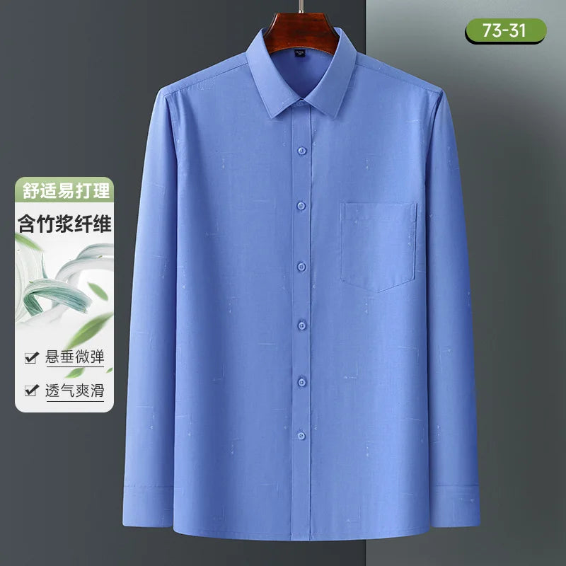 Bamboo Fiber Mens Business Shirt Long Sleeve Casual Plaid Print Stripe Fashion Anti-Wrinkle Button Up Social Oversized S-7XL 5XL