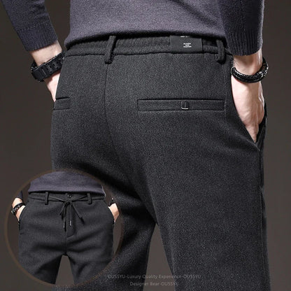 Good Quality Autumn Casual Pants Men Business Slim Elastic Waist Stretch Work Brushed Fabric Blue Trousers Male Brand Clothes