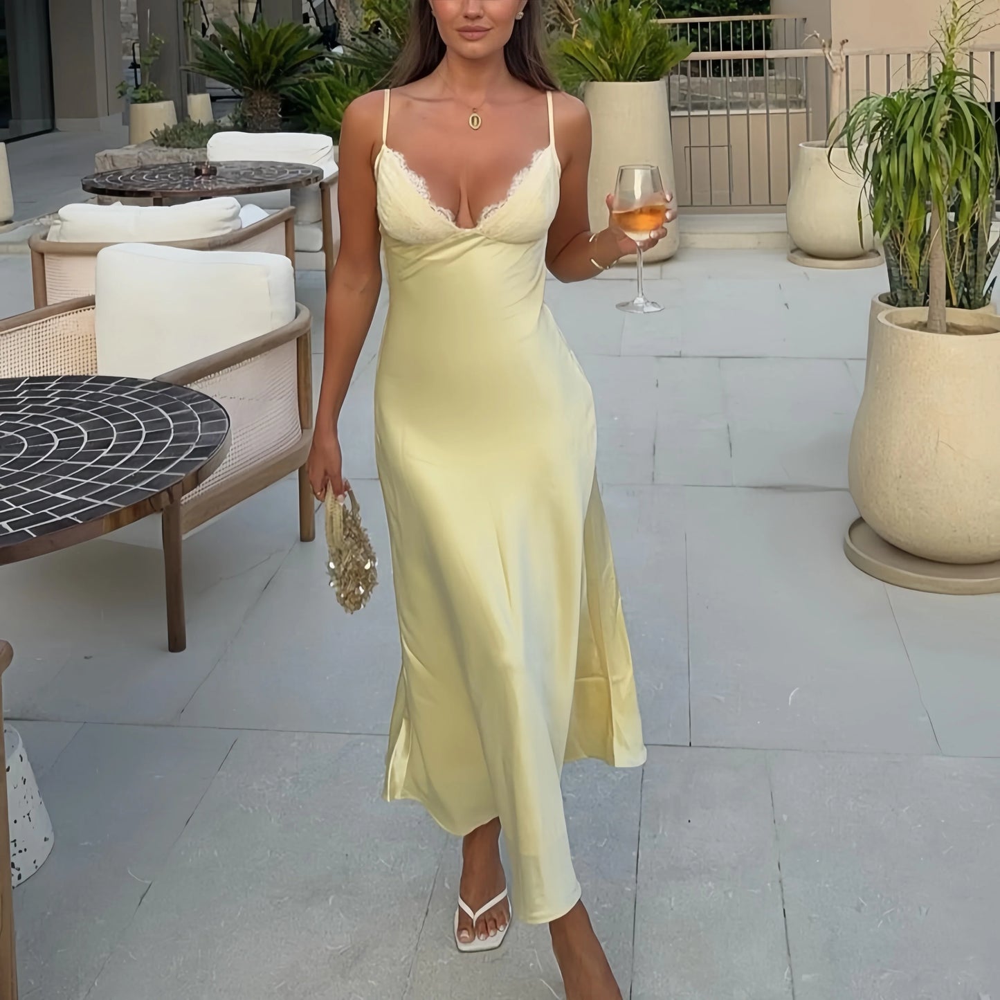 Butter Yellow Satin Bias Cut Lace Patchwork Midi Dress Women's V Neck Backless Suspenders Dresses 2026 New Dinner Party Vestidos