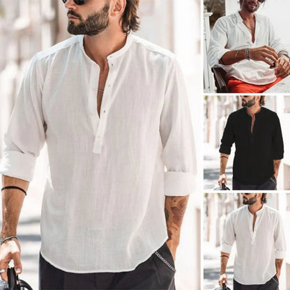 Men's Casual Stand Collar Placket Solid Color Long Sleeve Shirts, Slub Cotton Dress Shirts