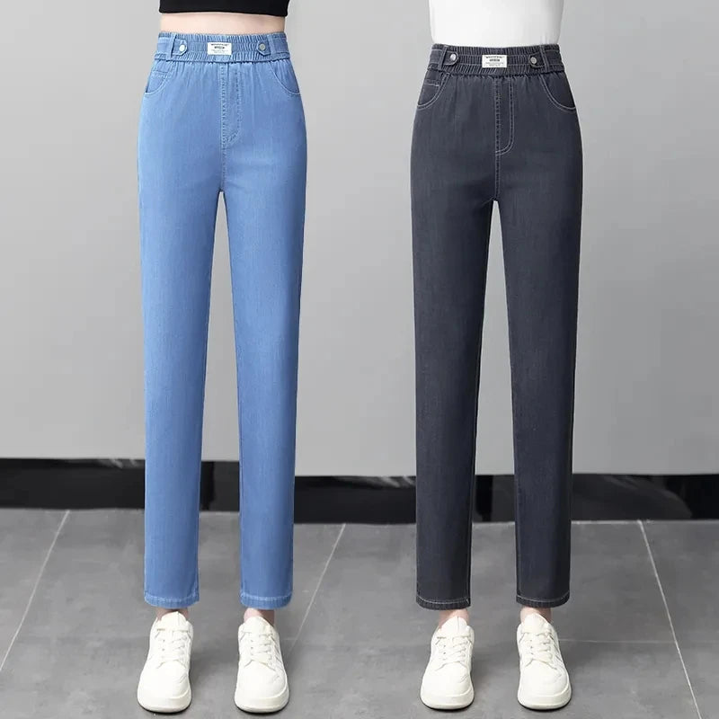 Ice Silk Jeans Women Summer Thin Blue Denim Trousers New Elastic High Waist Straight Extend Pantalons Female Ankle-Length Pants