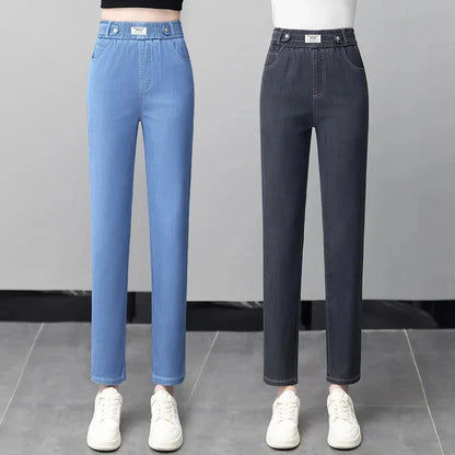 Ice Silk Jeans Women Summer Thin Blue Denim Trousers New Elastic High Waist Straight Extend Pantalons Female Ankle-Length Pants