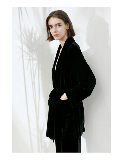 Mulberry Silk Velvet Lady Coat Blue Cardigan Lace-up Top Temperament Generous Business Leisure Outdoor Travel Spring and Autumn