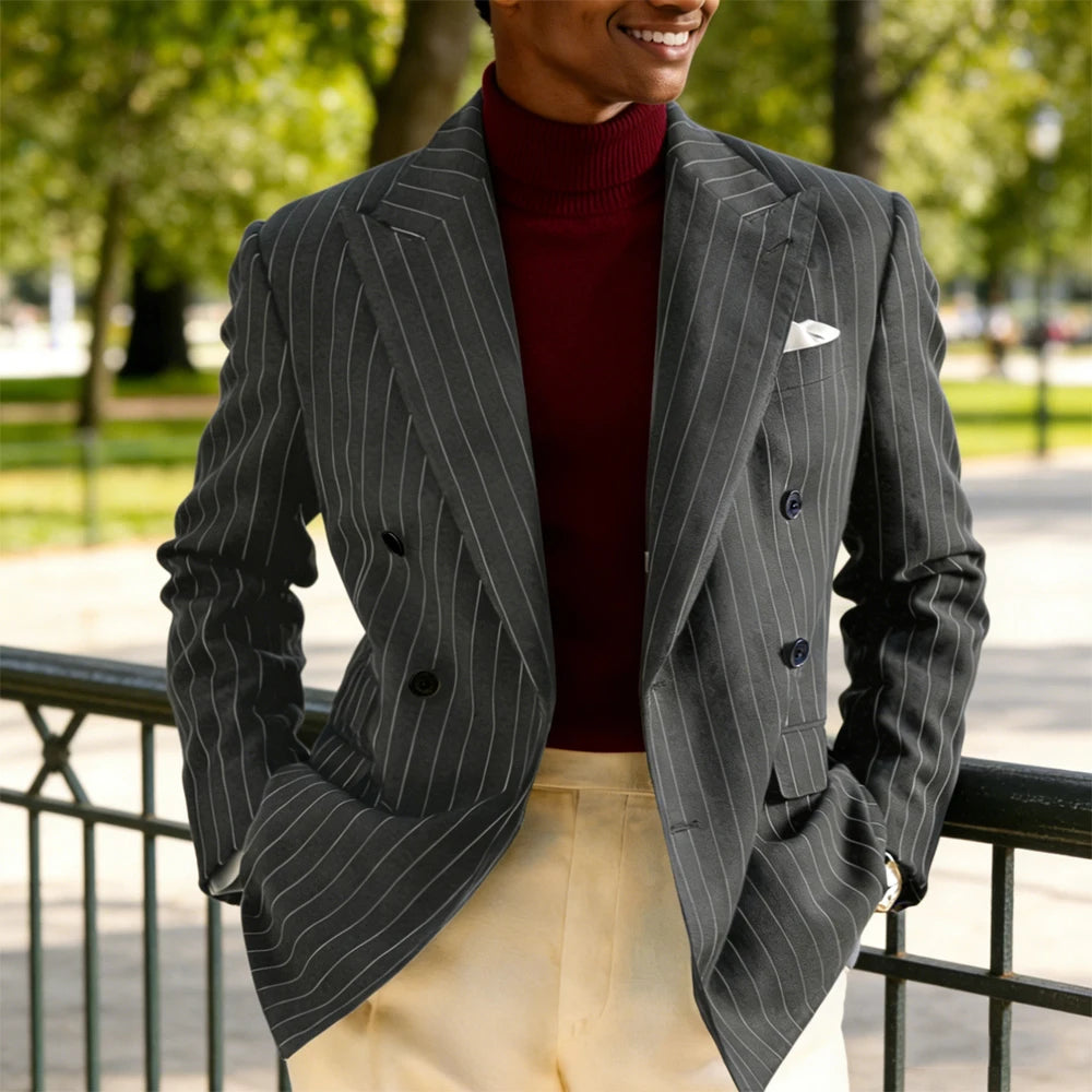 Men's Pinstripe Double Breasted Blazer Classic Peak Lapel Slim Fit Striped Suit Jacket For Party Prom Business Formal Coats