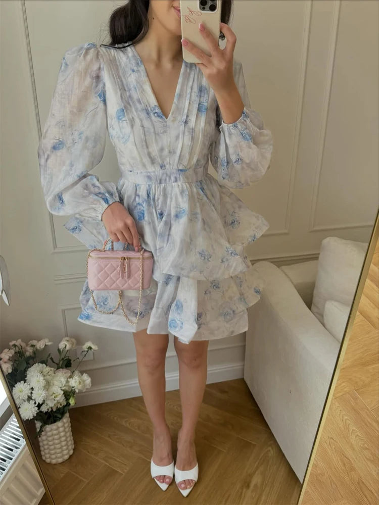 Elegant Printed Mini Dresses Women Chic Waist-cinching V-neck Puff Long Sleeve Aline Dress Fashion New Holiday Robes Summer 2026