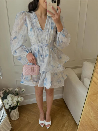 Elegant Printed Mini Dresses Women Chic Waist-cinching V-neck Puff Long Sleeve Aline Dress Fashion New Holiday Robes Summer 2026